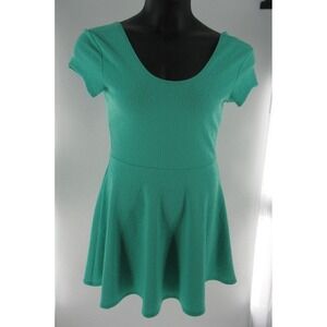 Teal Textured Rose Print Fit Flare Short Sleeve Peplum Dress Size Medium